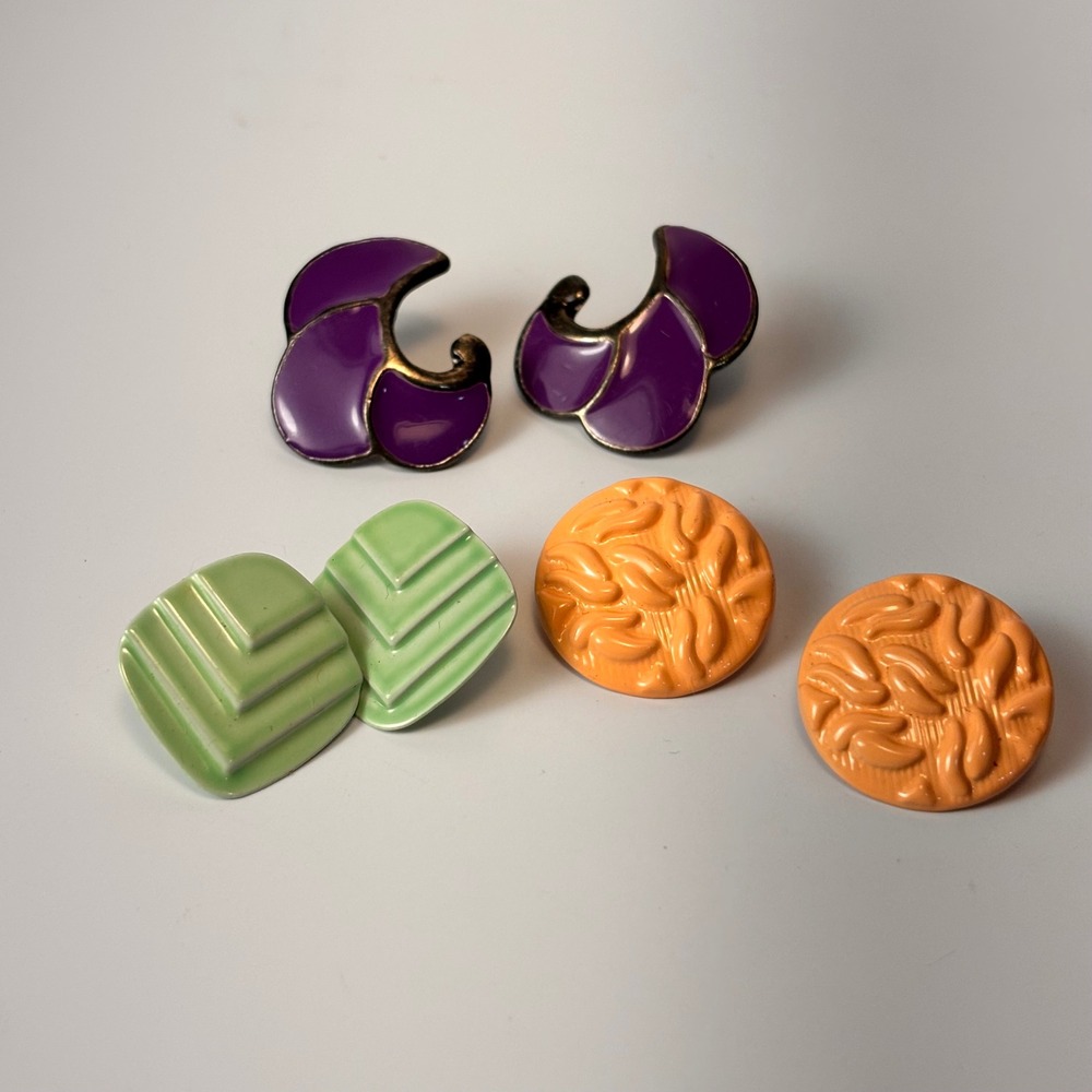 Vintage Enamel Earring Set Purple Green Orange Geometric Post Studs Boho 90s Y2K